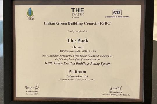THE Park Hotels awarded ‘IGBC Green Building – Platinum Certificate’